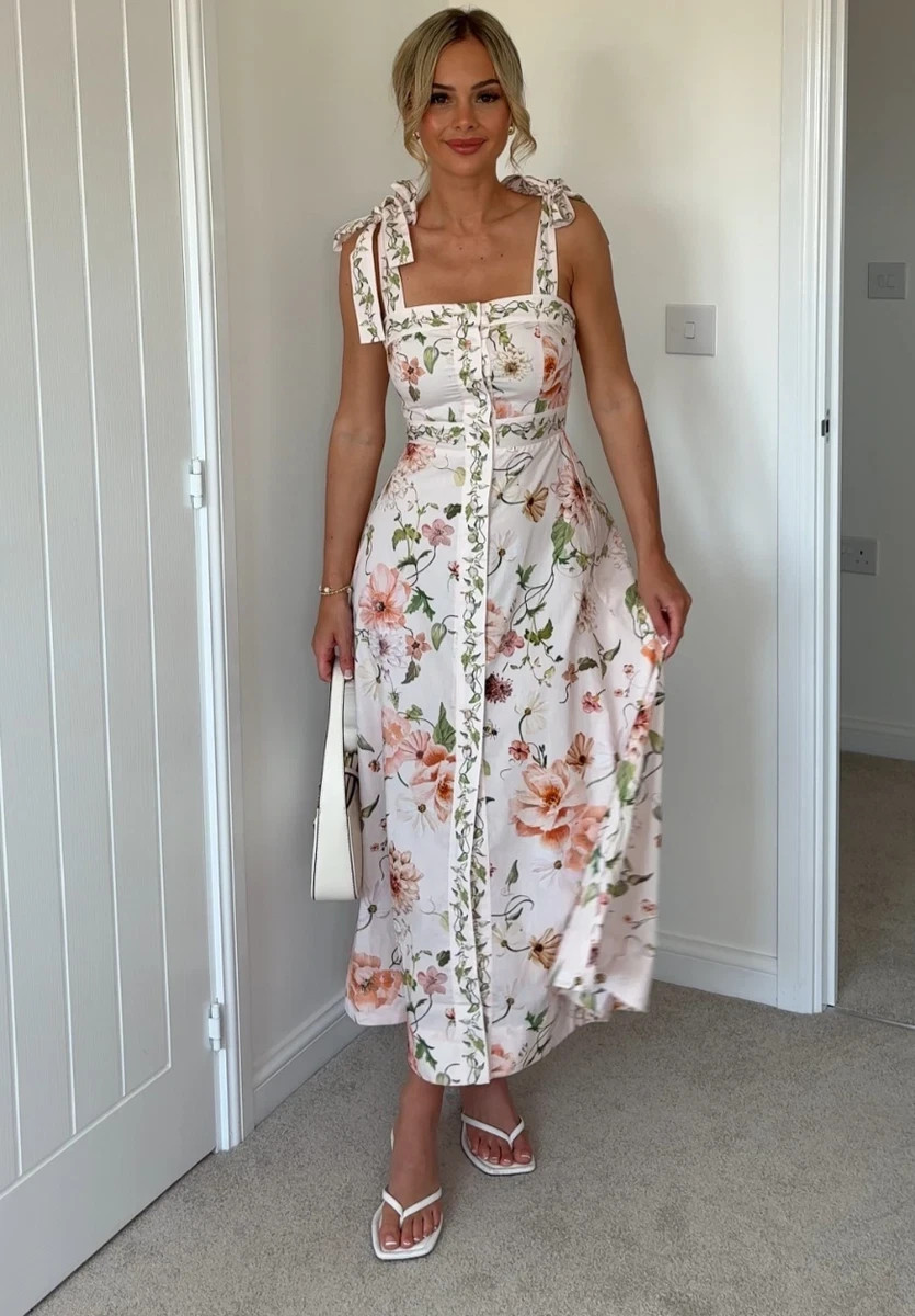 NWT H&M Tie-strap Cotton Midi Dress White/Pink/Floral 1265587004 Sizes S,  M, L | eBay