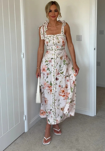 NWT H&M Tie-strap Cotton Midi Dress White/Pink/Floral 1265587004 Sizes S, M, L - Picture 19 of 21