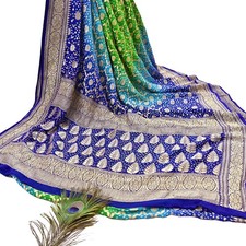 Indian Pre-Owned Sari Blue  Green Pure Georgette silk Hand Woven Bandhani Saree