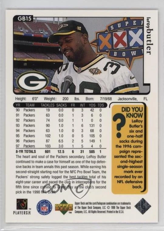 1998 Upper Deck Green Bay Packers 1997-98 Season LeRoy Butler #GB15 HOF - Image 2 of 2