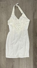 Alyce Designs 80254 White Beaded Bridal Mini Dress Halter Silk Size 10 Wedding