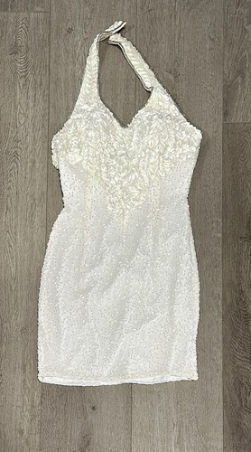 Alyce Designs 80254 White Beaded Bridal Mini Dress Halter Silk Size 10 Wedding