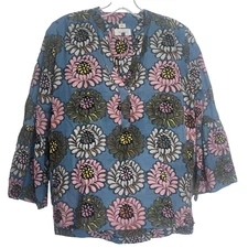 Loft Floral Shirt Womens XSmall  Blouse top Blue Flowers Bell Sleeve Boho Loose 