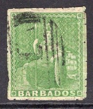 BARBADOS 1860 ½D YELLOW-GREEN PIN PERF FINE LIGHTLY USED BPA CERTIFICATE (1998)
