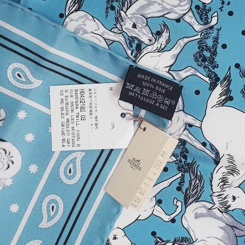 HERMES Carré 55 Bandana Les Mustangs Bandana Bufanda Menthe Azul Gris Blanco Negro - Imagen 8 de 8