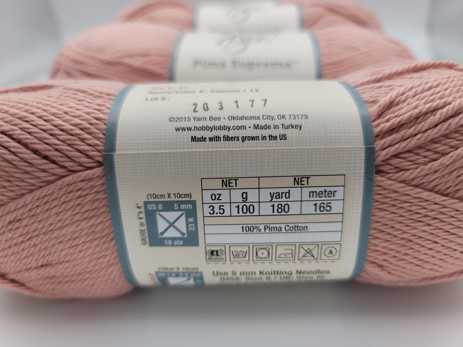Yarn Bee Pima Suprema, Lot of 3, Color is Salmon, 180 yards each, NEW