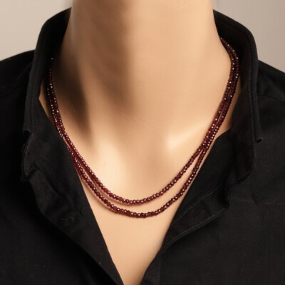 Two Layer Garnet Faceted Round Gemstone Beaded 2-3MM Women Choker Necklaces 18''