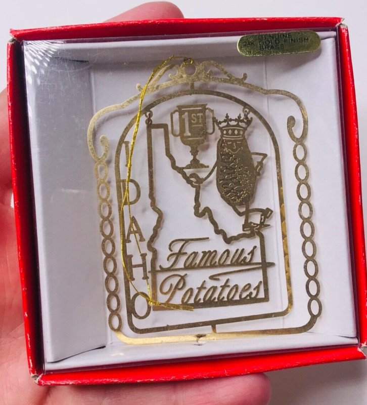 Idaho Famous Potatoes Christmas Ornament 24k Gold Finish Brass Holiday Boxed