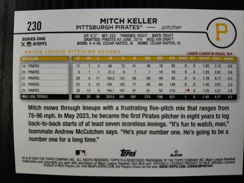 2024 Topps Mitch Keller Easter Eggs Parallel #230 Pirates - Picture 2 of 2