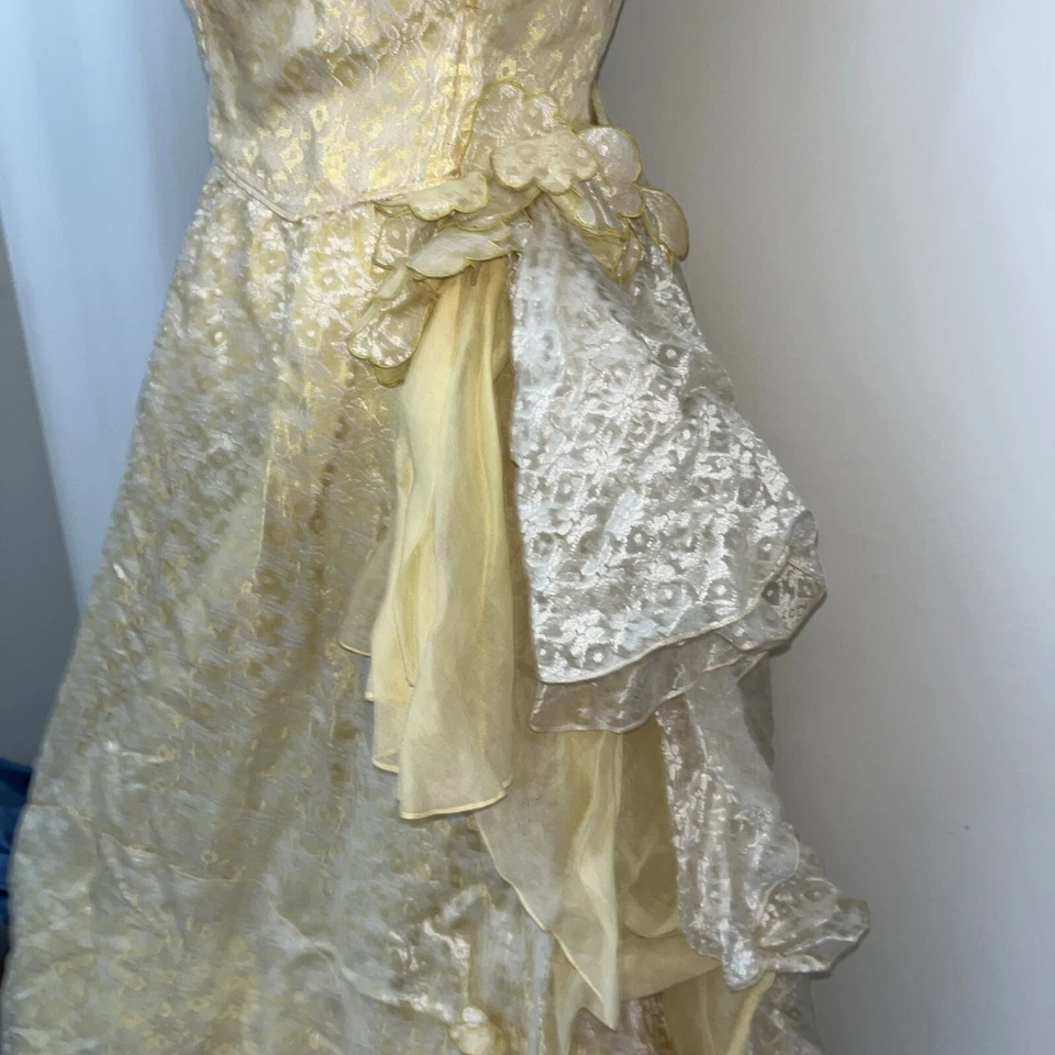Vtg 50s Prom Dress Small Yellow Lace Corset Strapless Long Midi Length - Image 4 of 4