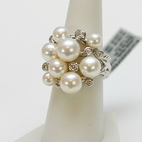 Anillo DAVID YURMAN Nuevo Plata Esterlina Grande Perla y Diamante Racimo Distintivo 5 - Imagen 3 de 12