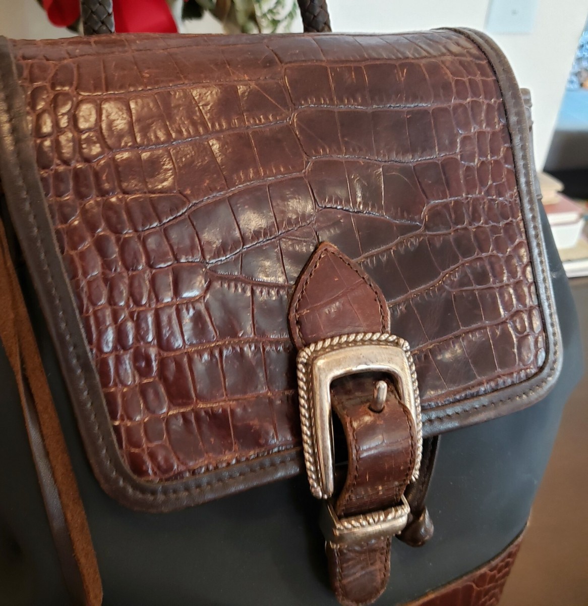Vintage Brighton Monica Backpack Croc Embossed Leather Rare  display picture 2