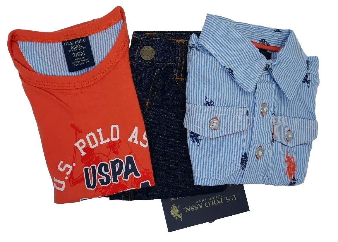Polo 3-Pc Baby infant Blue Orange Jeans Outfit Set -6 mos