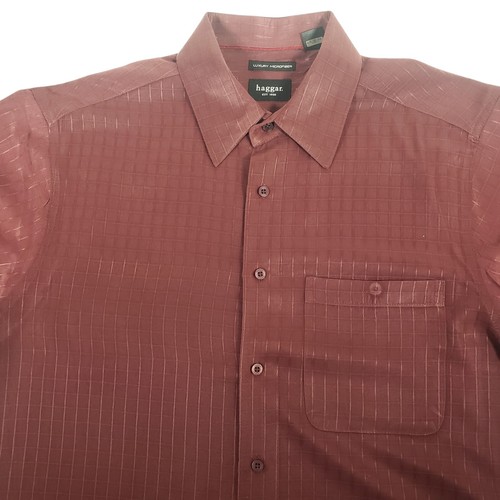 Haggar Casual Shirt Mens Sz L Button Up Short Sleeve Burgundy Check Regular Fit - Picture 7 of 9