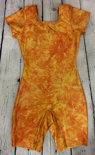 Pelle Activewear Unitard USA Made Orange Yellow Purple Splatter Sparkle Youth M - Picture 4 of 6