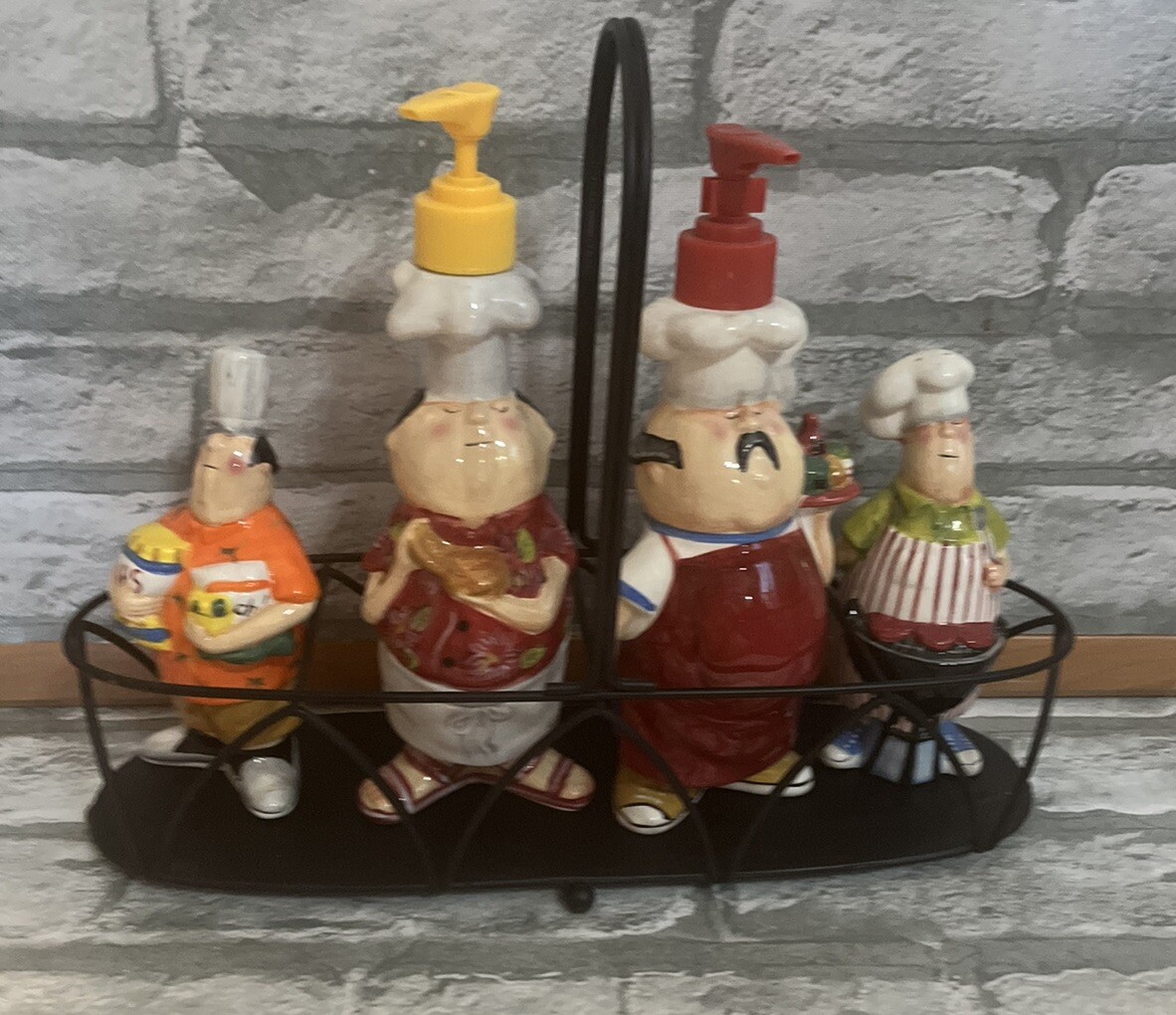 Tracy Flickinger Condiment Set & Caddy Masters of the Grill BBQ Chefs