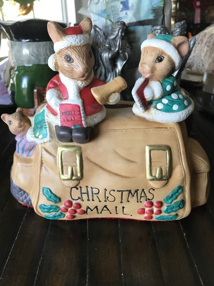 Vintage Ceramic Mouse Figurine Christmas Card Holder with Mail Bag 7x8-image