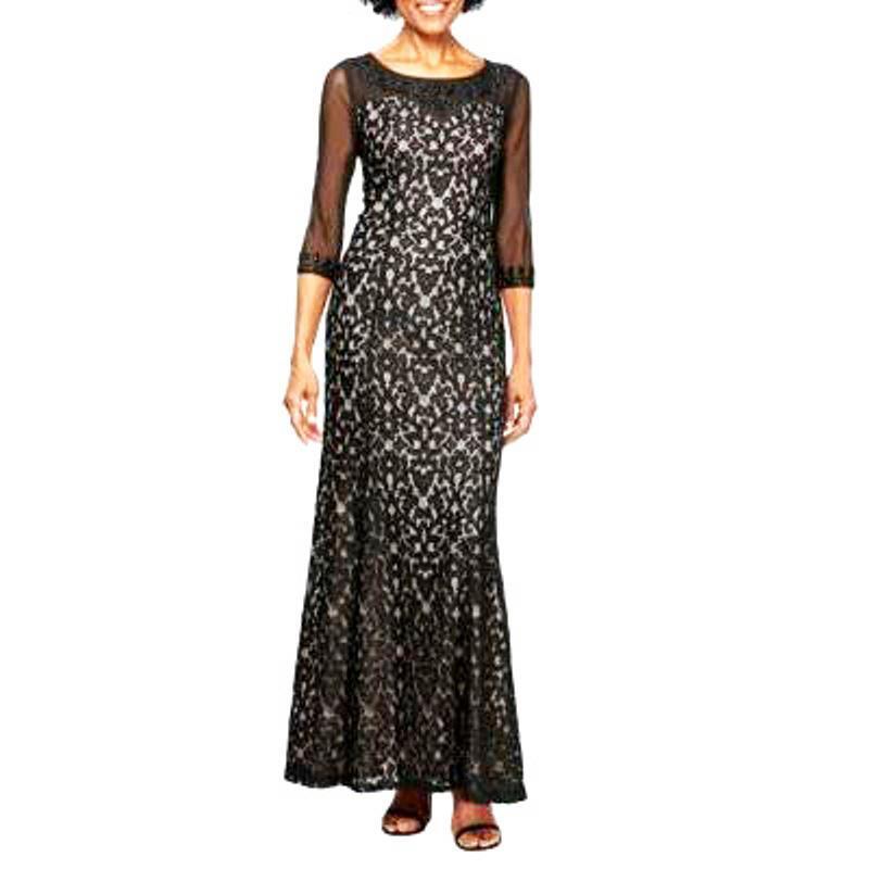 alex evenings 3/4 sleeve dress Alex Evenings Petite Sequined Lace Gown - Buff main image 0