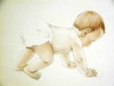 Lys Cassel RED HAIRED INFANT BABY BOY CRAWING AROUND 1947 Vintage Print Matted