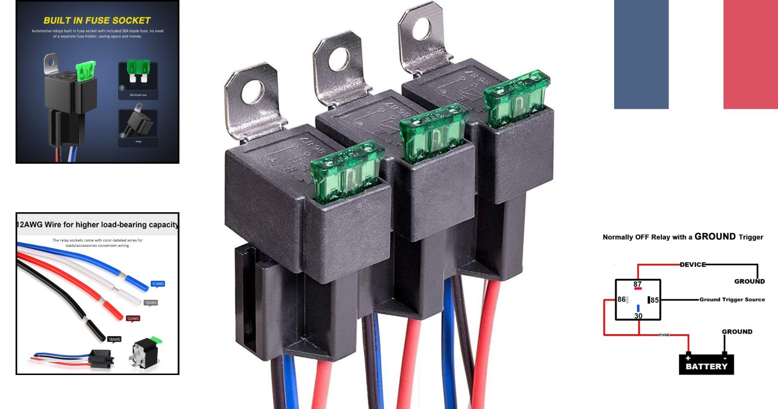 Relais automobile 12V SPST protégeant l'électronique avec son fusible 30A et sa diode