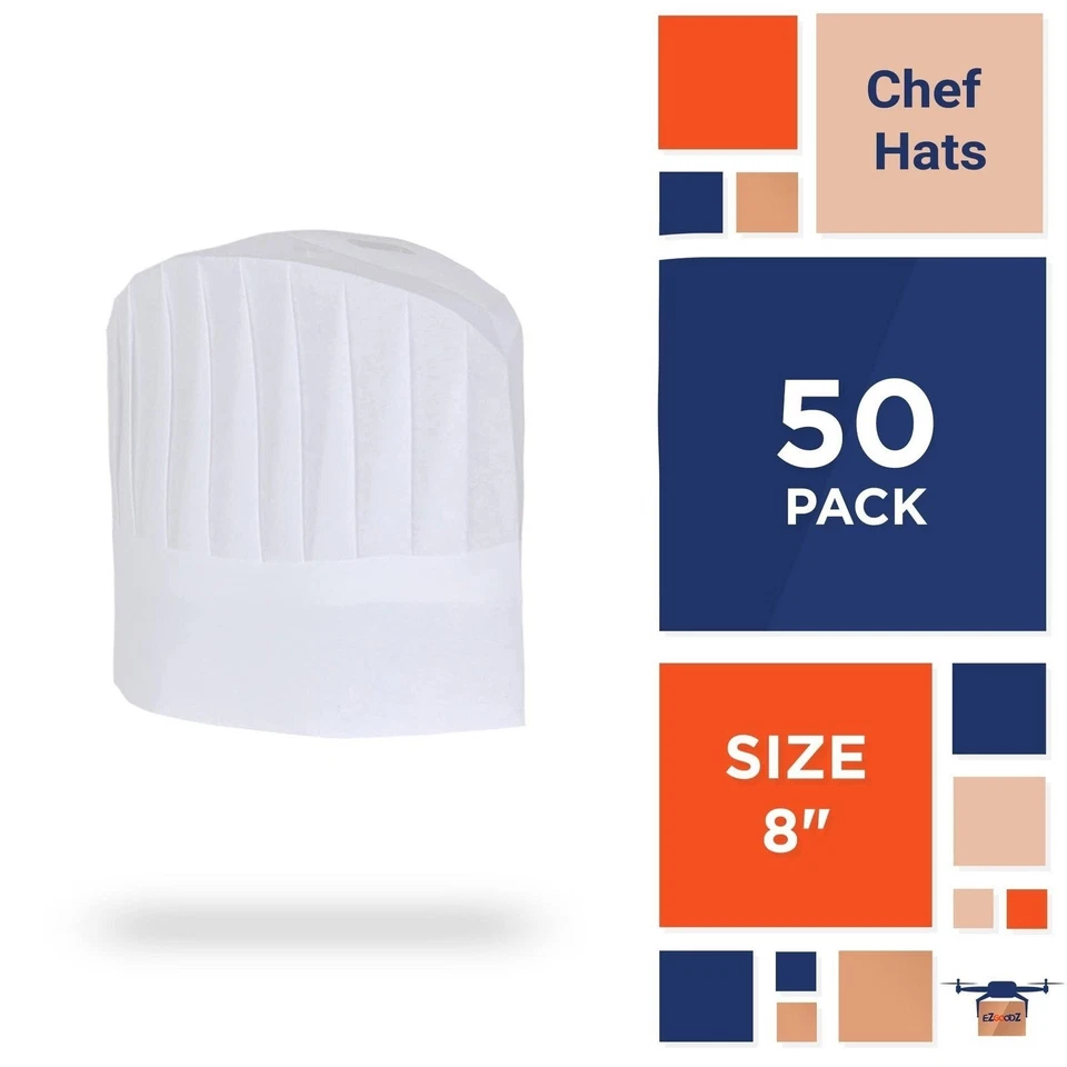 Sombreros de Chef Blancos a Granel, 8" de Alto 50 Fundas de Pelo Viscosa con Pliegues Sombreados Foto 2 de 4