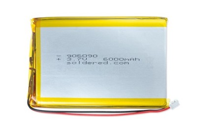Soldered Li-Ion Akku, Lithium-Polymer, 906090, 3,7V, 6000mAh mit 2 Pin JST