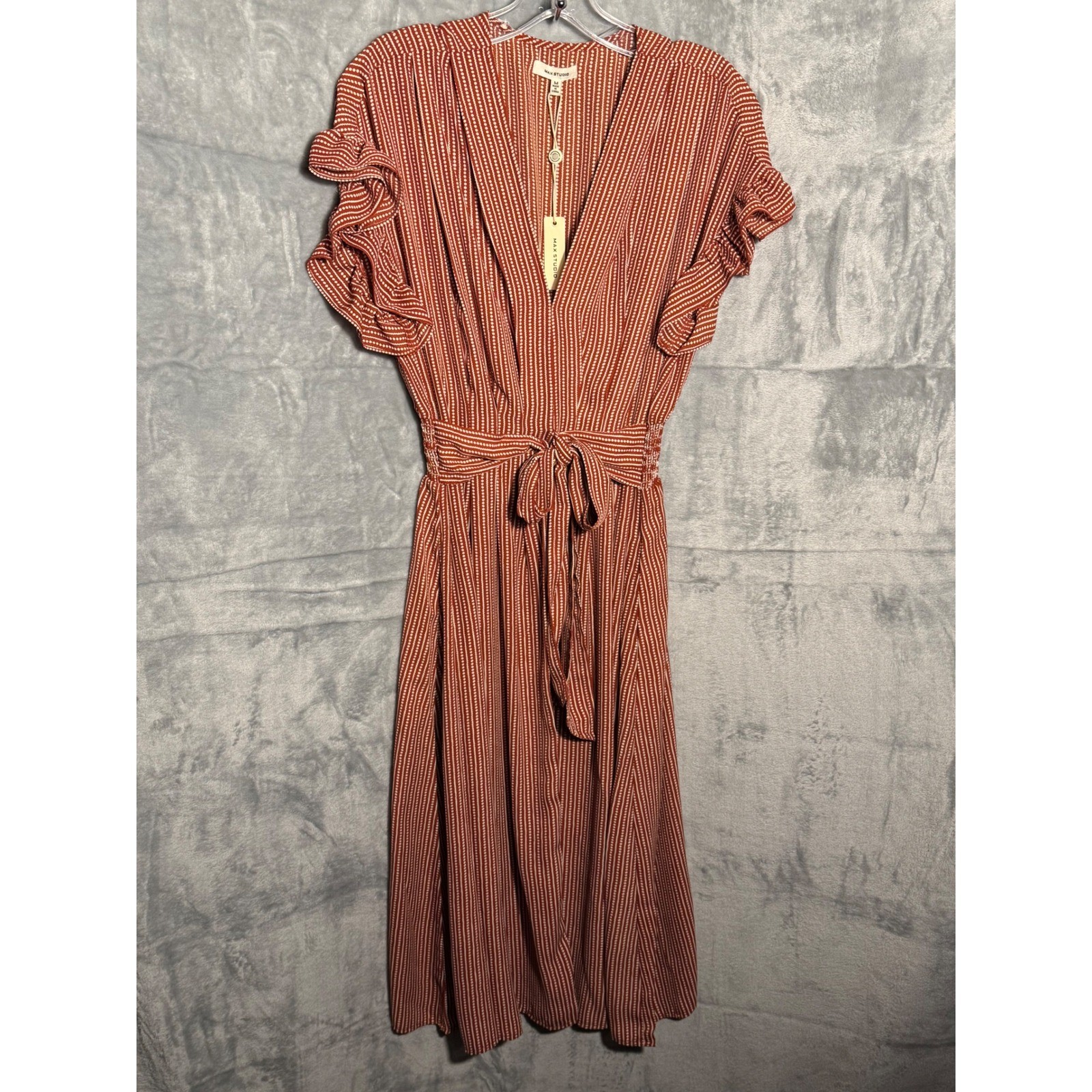 Max Studio Dress NEW red Dot Stripe Flutter Sleeve Midi dress Size M NWT