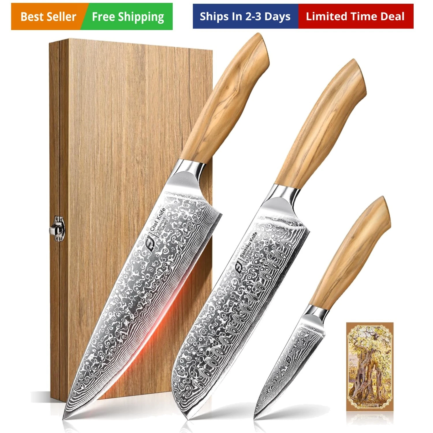 Damascus Kitchen Knife Set, 3 PCS Japanese Chef Knife Set, 67-Layers Damascus...