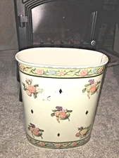 Mid-Century J.L. Clark Floral Roses Wastebasket Tin Trash Can With 3D Roses.