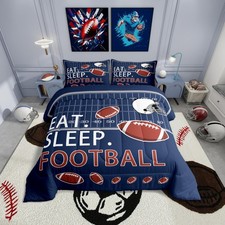 Rugby Comforter Set Twin Size Football Field Bedding Microfiber Navy Blue