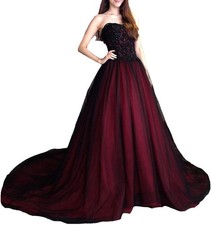Women's Gothic Black Lace Long Tulle Beaded Ball Gowns Wedding Prom Dress Formal