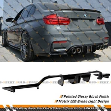 For 15-19 BMW F80 M3 F82 M4 VS-T Style Gloss Black LED Rear Bumper Diffuser Kit