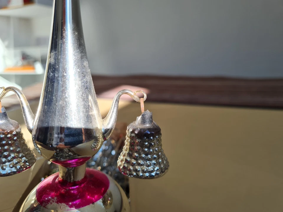 Christbaumspitze, Weihnachtsbaumspitze, alt, Glas mit Einstichkugel + Glöckchen - Bild 4 von 4