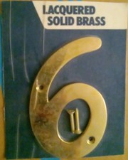 4" SOLID BRASS HOUSE ADDRESS NUMBER lacquer finish - w/nails - 6 - VINTAGE NOS 