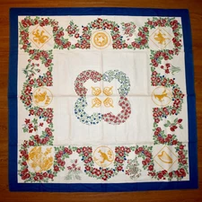 Vintage British Monarchy Linen Tablecloth Floral w/Iconic Emblems 48.5"x49"