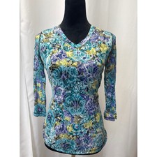 Multicolored, sheer, long sleeve V-neck top. Size M Pit to pit 16 