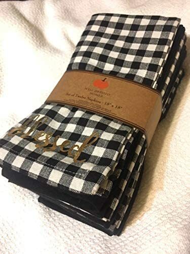 Well Dressed Home Gingham Black White Holiday BLESSED in Gold Napkins Set of 12 - Picture 2 of 6