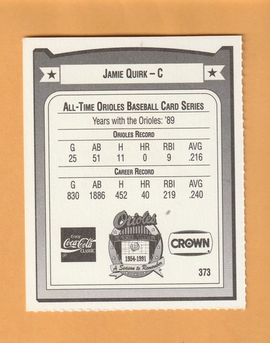 Tarjeta Corona Jamie Quirk Baltimore Orioles 1991 #373 Whittier College 9B - Imagen 2 de 2