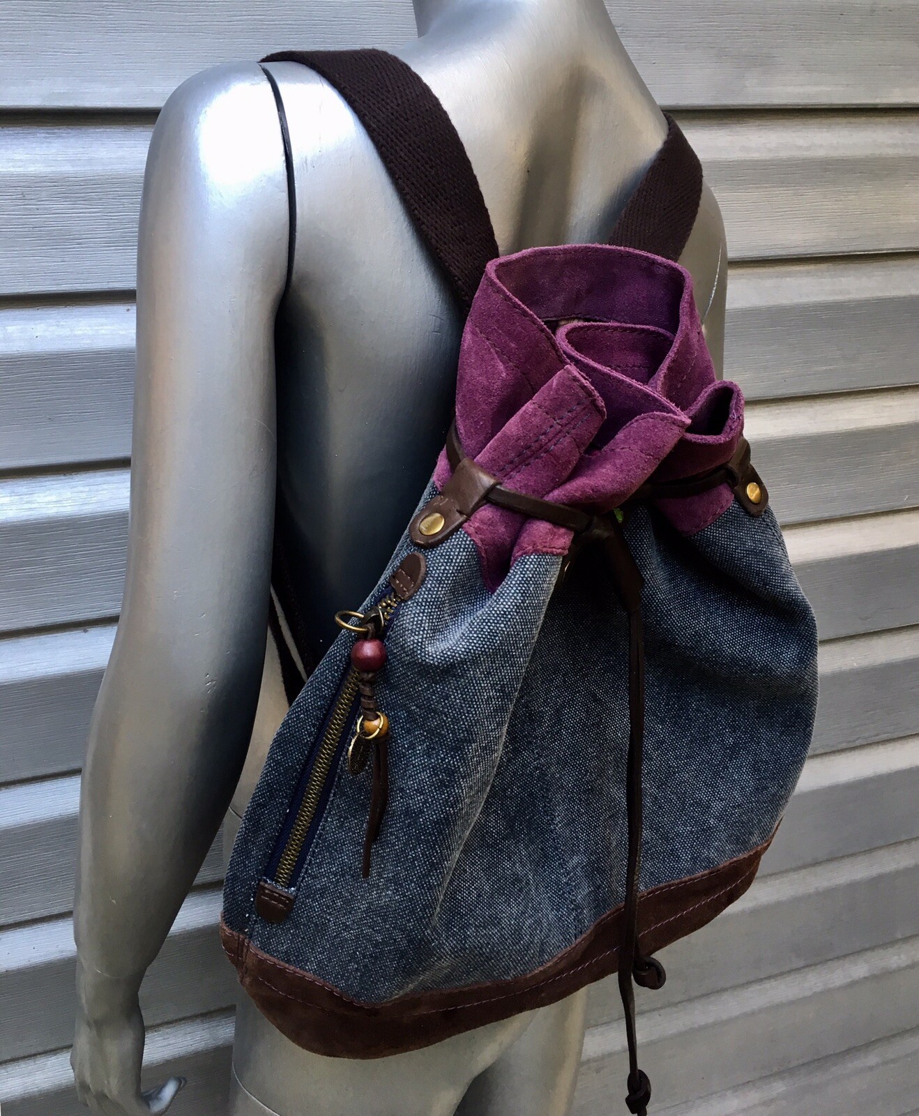 LUCKY BRAND Fillmore Drawstring Purple Suede Denim Canvas Tote Backpack