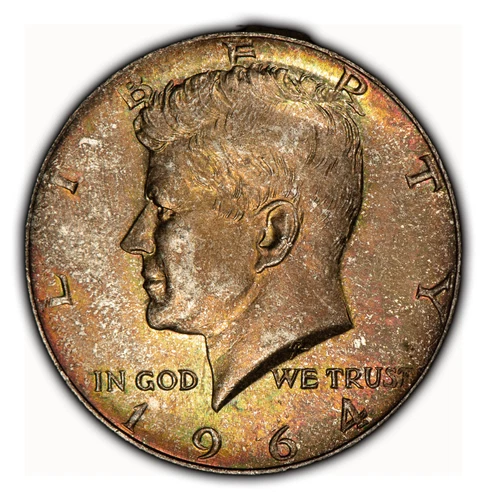 1964 50c Kennedy Half Dollar - Neon Rainbow Accent Toning - BU - SKU-Z3967