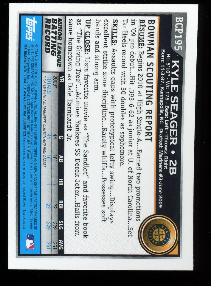 Kyle Seager 2010 Bowman Chrome Prospects #BCP195A VG or Better Foto 2 de 2