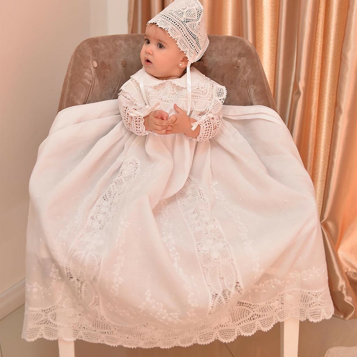 Baby Christening Gown Linen Chambray Adorned Handmade Lace and
