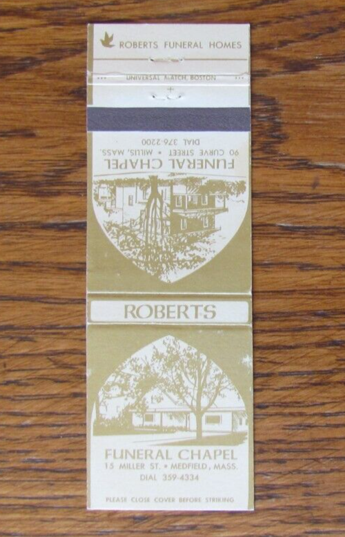 ROBERTS FUNERAL HOME MATCHBOOK COVER MEDFIELD, MASSACHUSETTS