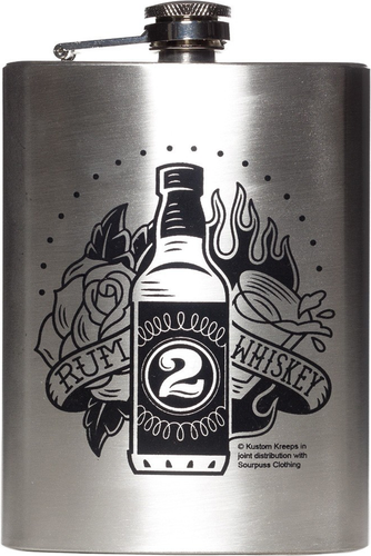 61034 Sourpuss Rum 2 Whiskey Rose Fire Glass Bottle Booze Stainless Steel Flask - Picture 1 of 3