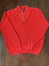 Vintage 80s Mens Large Red Lands End USA Made Henley Sweater Wood Buttons