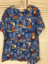 Fashion Scrubs Halloween Scrub Top L skeletons ghosts medical nurse vet tech