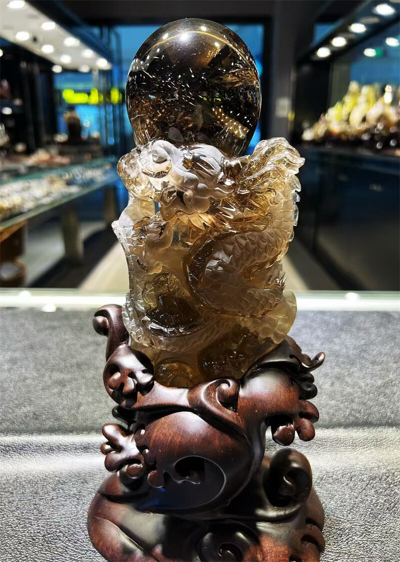 5.78LB Natural Gold Rutilated Quartz Carved Crystal Dragon Skull Healing+STAND