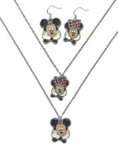 Minnie And Mickey Mouse Faces Metal Charm Pendant Necklaces And Earrings Set