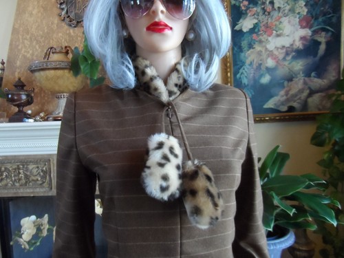 Carolina Herrera Brown/Beige Striped Wool Dress w/Faux Fur Leopard Trim Size 8 - Picture 9 of 24
