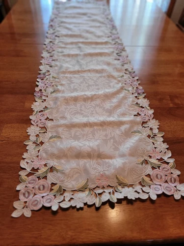 Dresser Scarf Pink Flower green yellow leave Lace cutout 60" Table Runner Spring